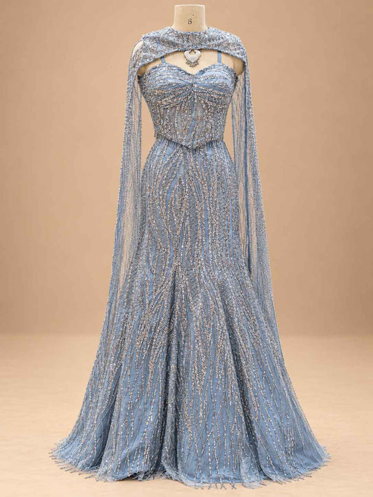 Powder Blue Embellished Flared Gown with Sheer Cape Dupatta for Women
