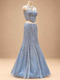 Powder Blue Embellished Flared Gown with Sheer Cape Dupatta for Women