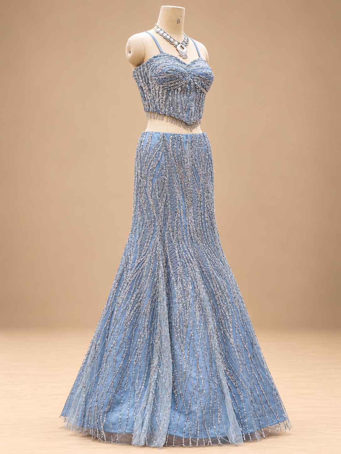 Powder Blue Embellished Flared Gown with Sheer Cape Dupatta for Women
