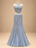 Powder Blue Embellished Flared Gown with Sheer Cape Dupatta for Women