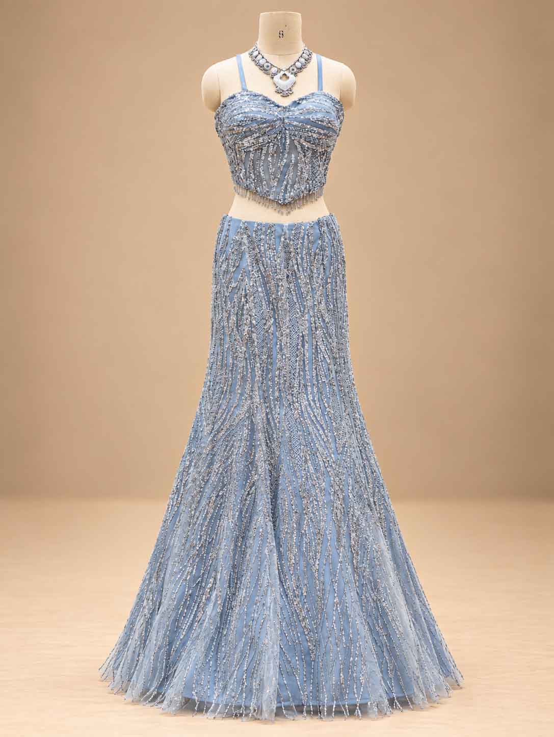 Powder Blue Embellished Flared Gown with Sheer Cape Dupatta for Women