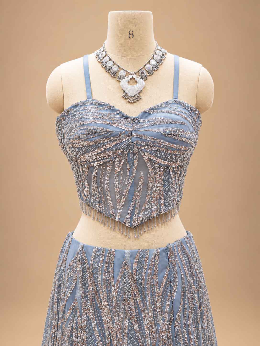 Powder Blue Embellished Flared Gown with Sheer Cape Dupatta for Women