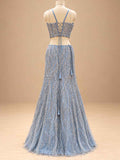 Powder Blue Embellished Flared Gown with Sheer Cape Dupatta for Women