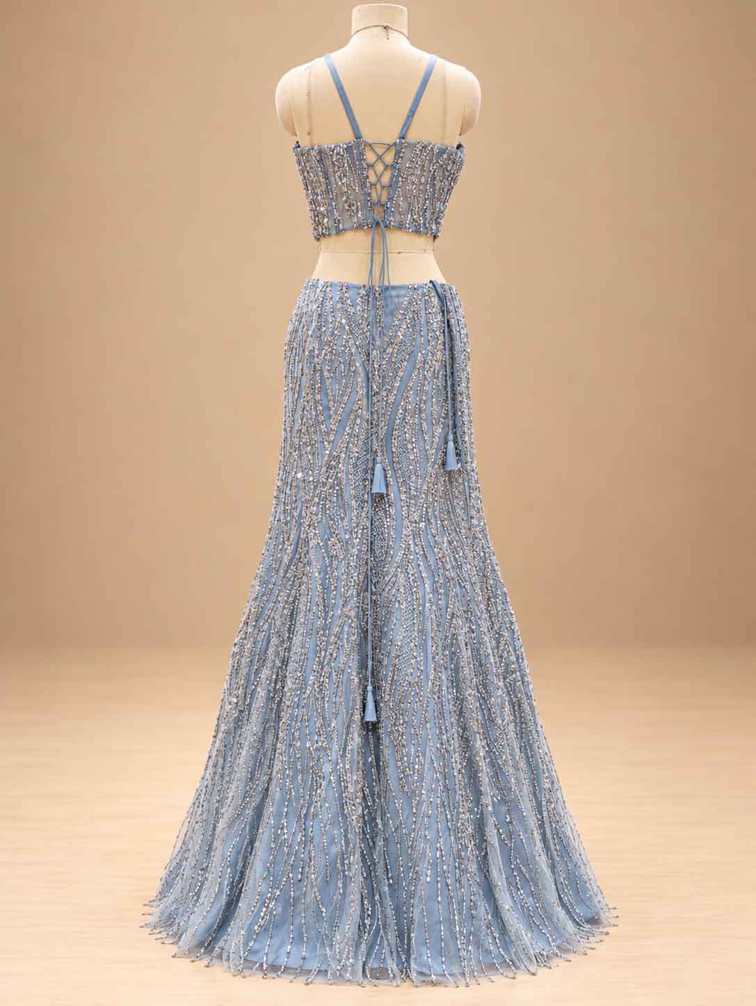 Powder Blue Embellished Flared Gown with Sheer Cape Dupatta for Women
