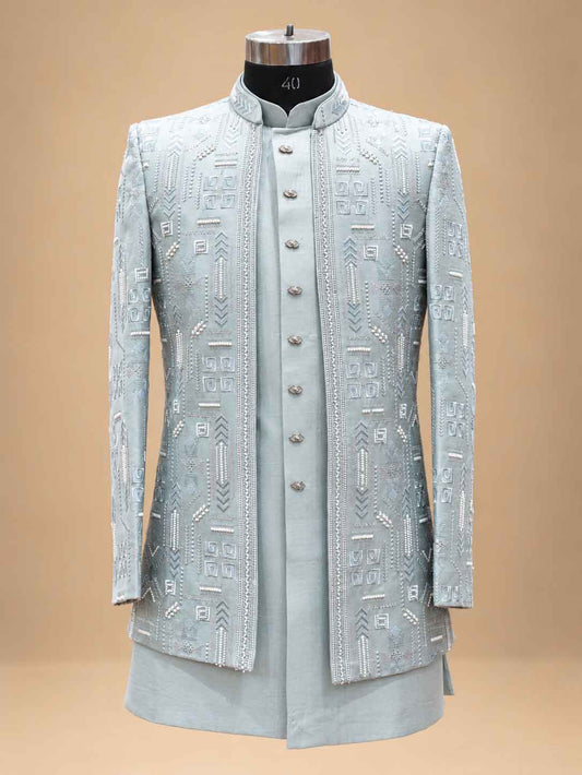 Powder Blue Embroidered Sherwani Set for Men with Kurta & Trousers – product view 2