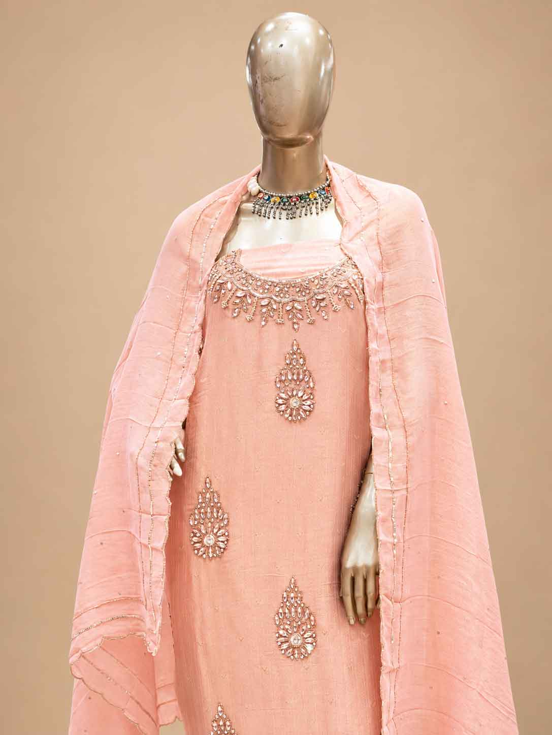 Peach Embroidered Dress Material with Dupatta | Women's Unstitched Ethnic Suit Material