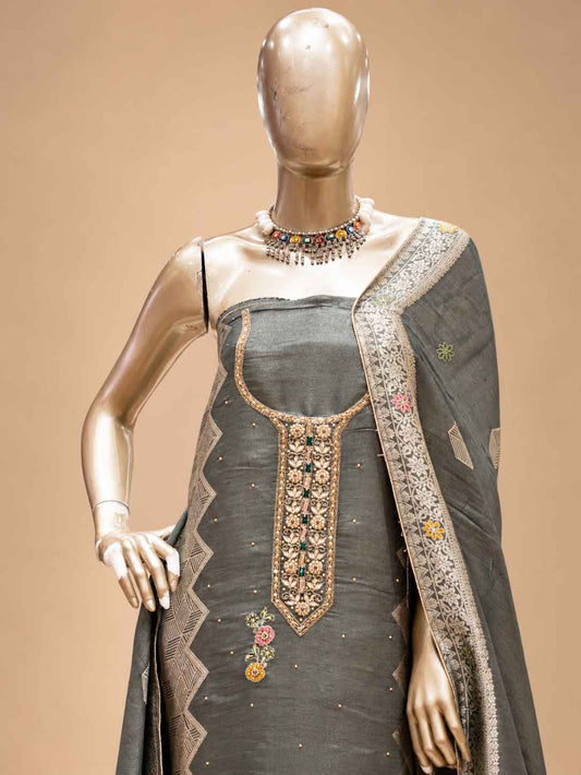 Grey Embroidered Dress Material Set with Designer Dupatta | Women's Ethnic Suit Material
