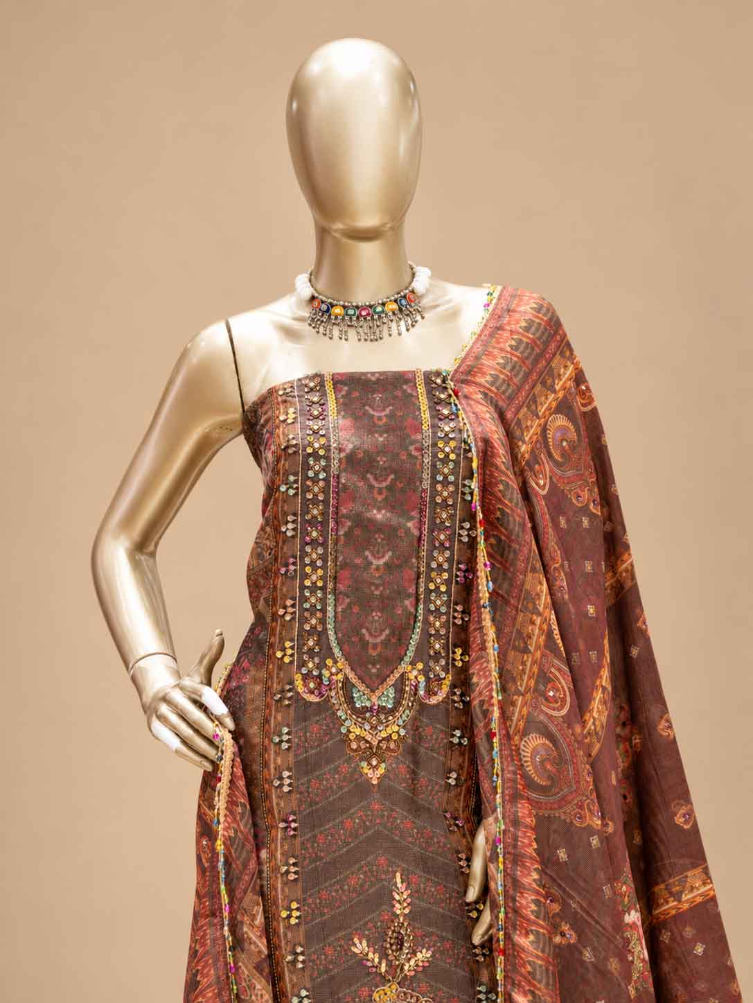 Brown Printed & Embroidered Dress Material with Dupatta | Women's Ethnic Suit Material