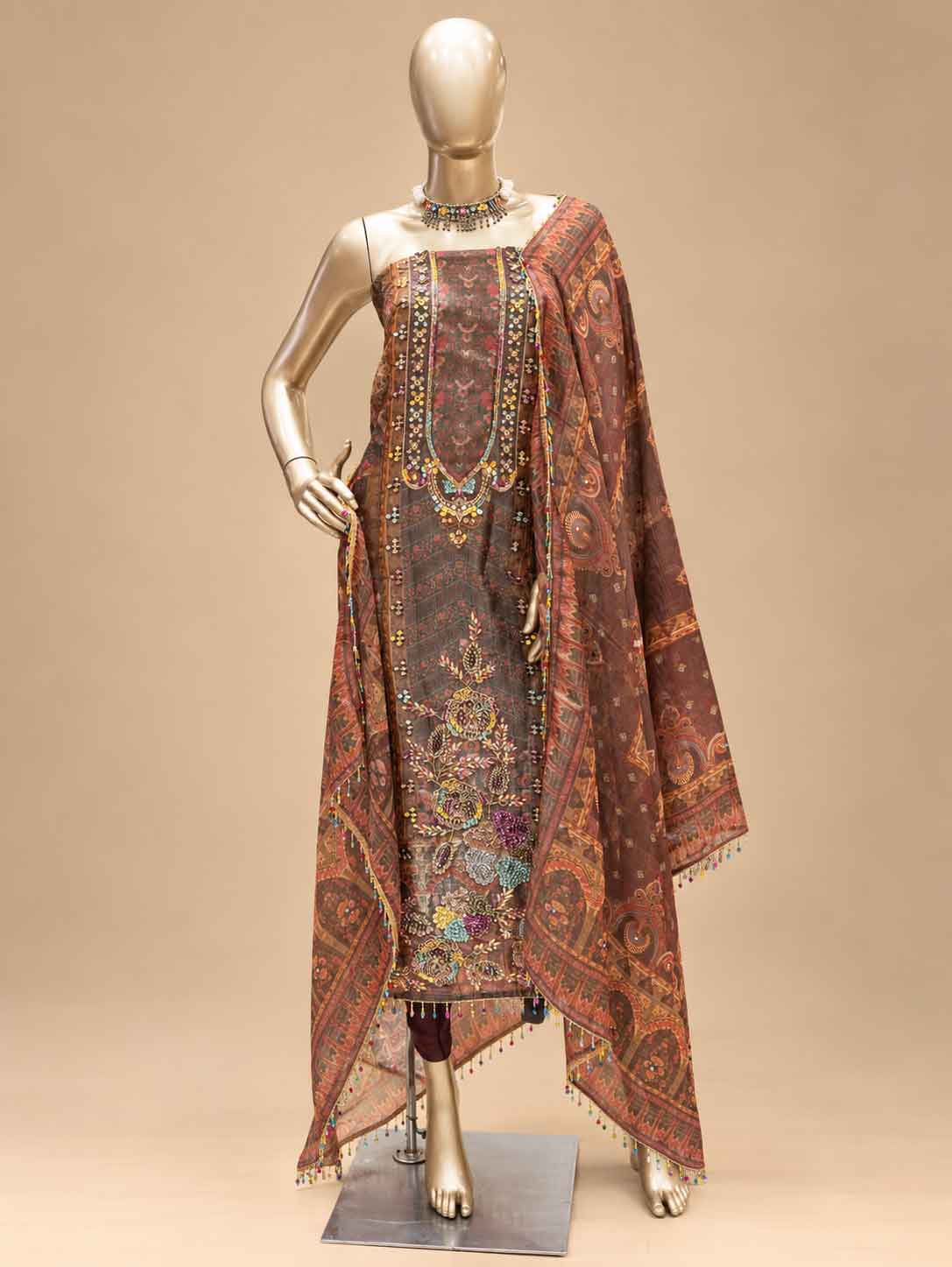Brown Printed & Embroidered Dress Material with Dupatta | Women's Ethnic Suit Material
