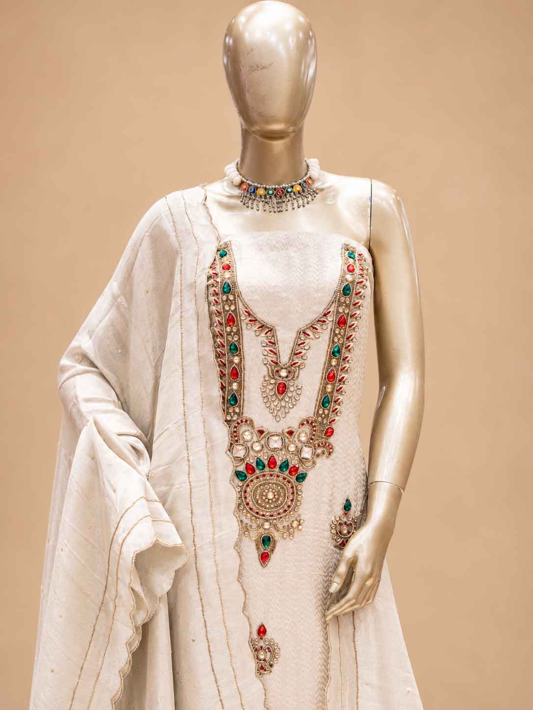 Cream Embroidered Dress Material with Dupatta | Women's Unstitched Ethnic Suit Material