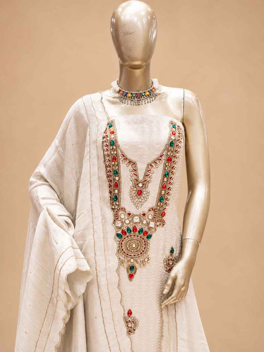 Cream Embroidered Dress Material with Dupatta | Women's Unstitched Ethnic Suit Material