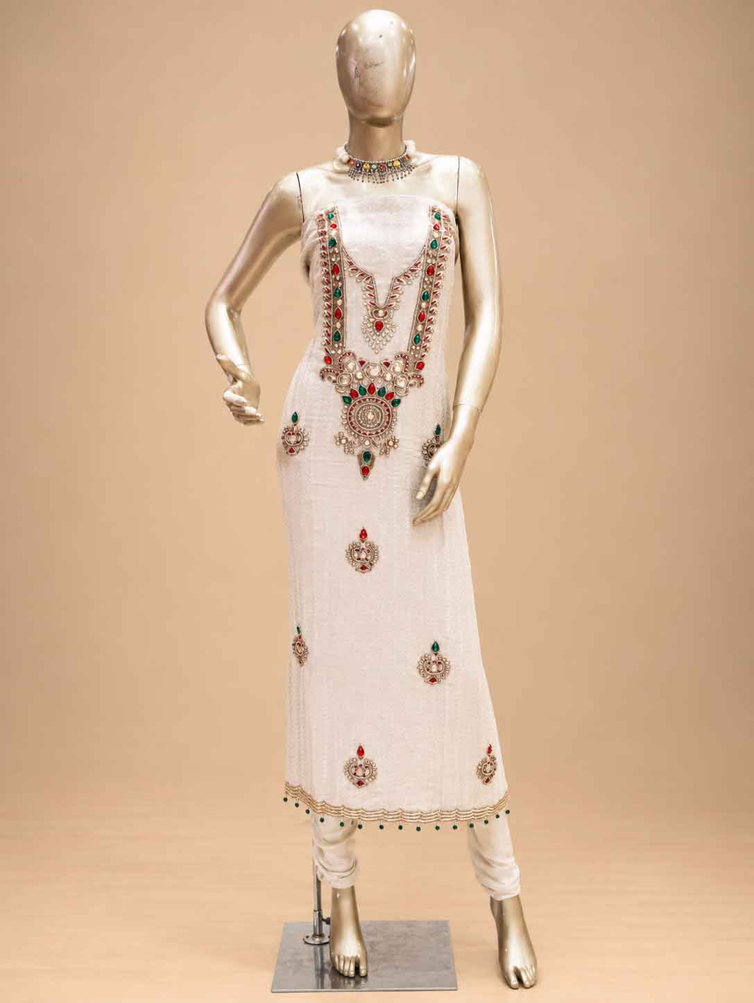Cream Embroidered Dress Material with Dupatta | Women's Unstitched Ethnic Suit Material