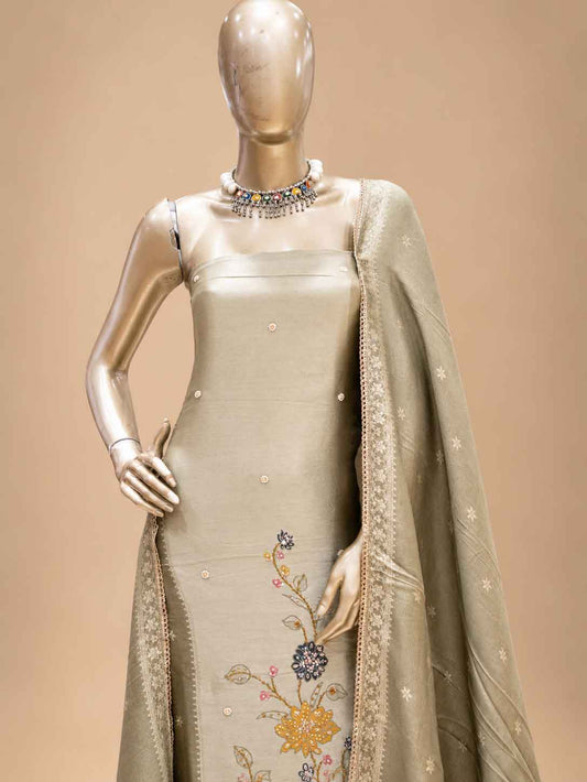 Sage Beige Embroidered Dress Material Set | Floral Ethnic Suit Fabric