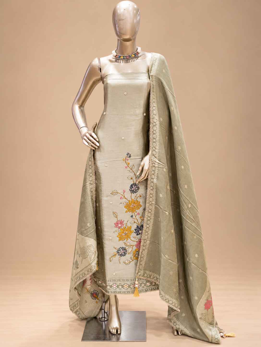 Sage Beige Embroidered Dress Material Set | Floral Ethnic Suit Fabric