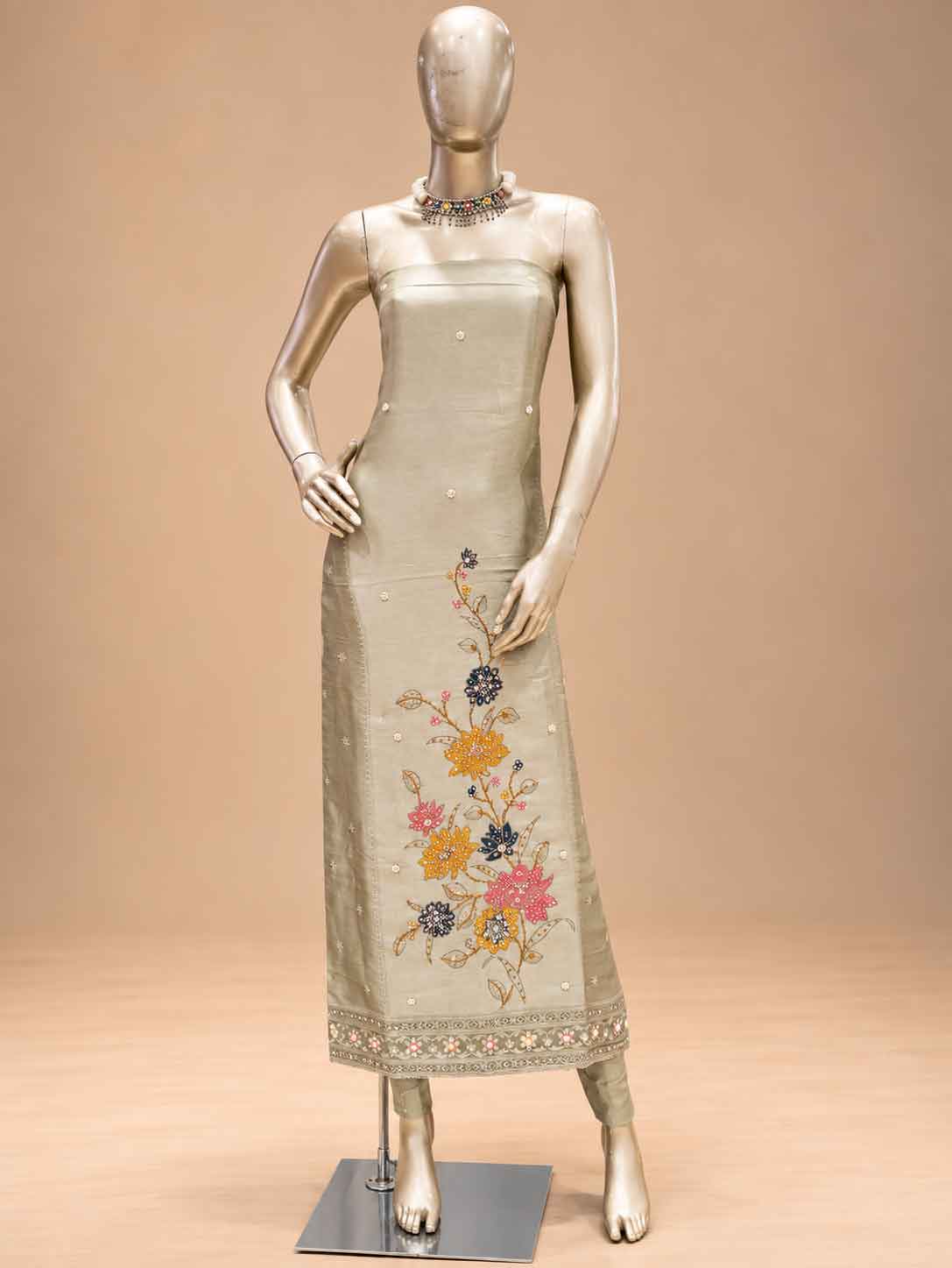 Sage Beige Embroidered Dress Material Set | Floral Ethnic Suit Fabric