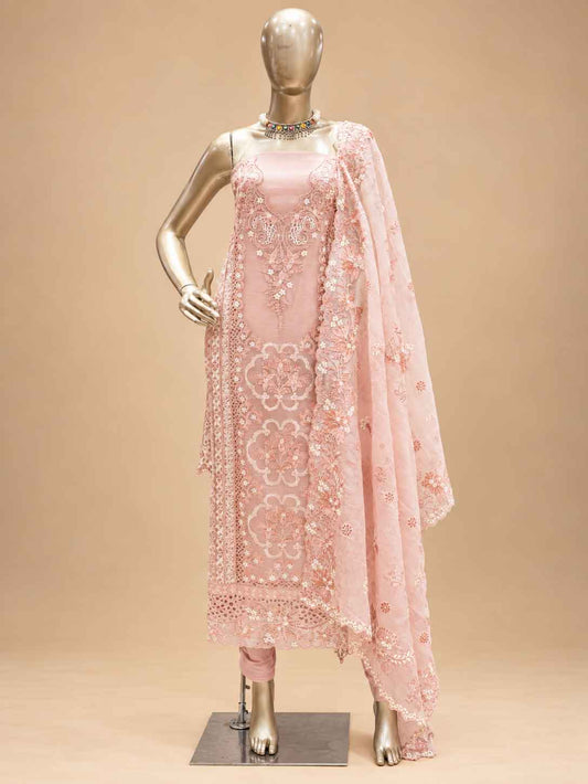 Pastel Pink Embroidered Dress Material with Dupatta | Women's Unstitched Ethnic Suit Material