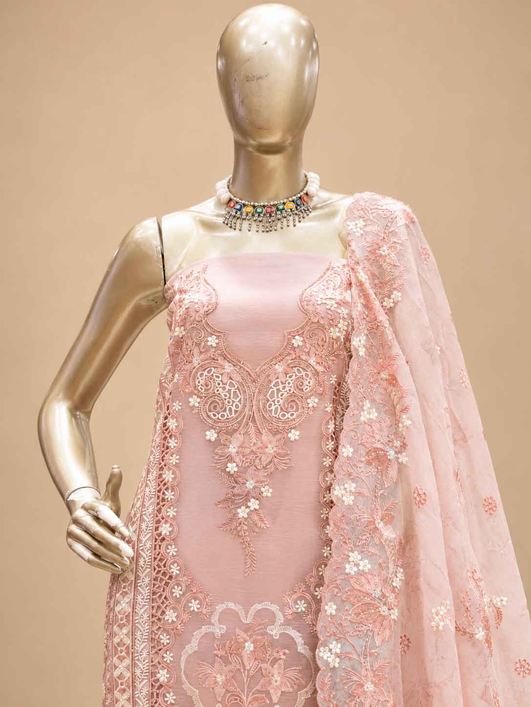 Pastel Pink Embroidered Dress Material with Dupatta | Women's Unstitched Ethnic Suit Material