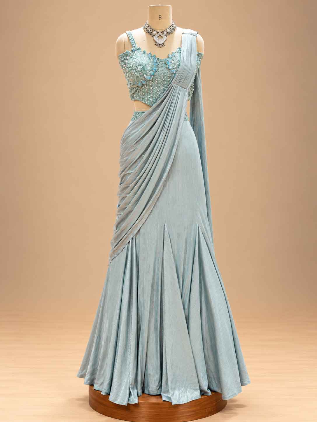 Powder Blue Pre-Draped Saree for Women | Designer Party & Wedding Wear