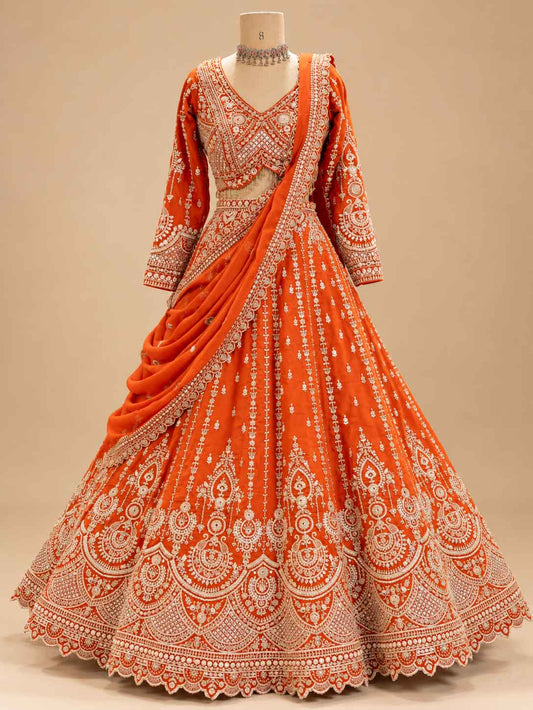 Detail view 2 of Orange Embroidered Bridal Lehenga Set for Women | Wedding & Festive Wear
