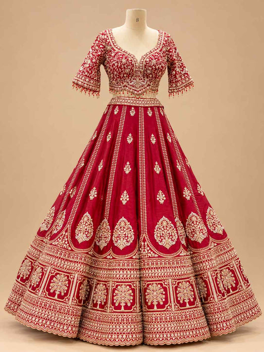Red Embroidered Lehenga Set with Designer Blouse & Dupatta – embroidered outfit detail 1