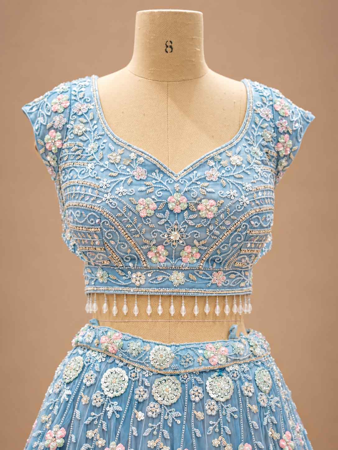 Powder Blue Embroidered Lehenga Set with Dupatta – embroidered outfit detail 2