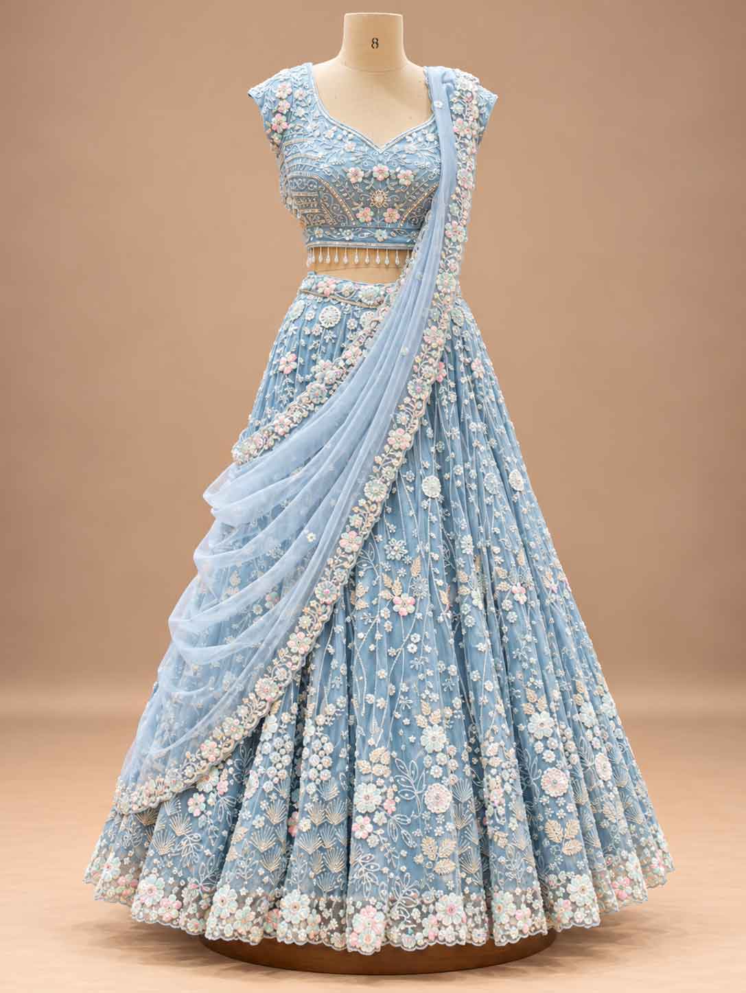 Powder Blue Embroidered Lehenga Set with Dupatta – embroidered outfit detail 5