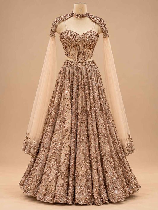 Champagne Gold Embroidered with Dupatta – embroidered outfit detail 1