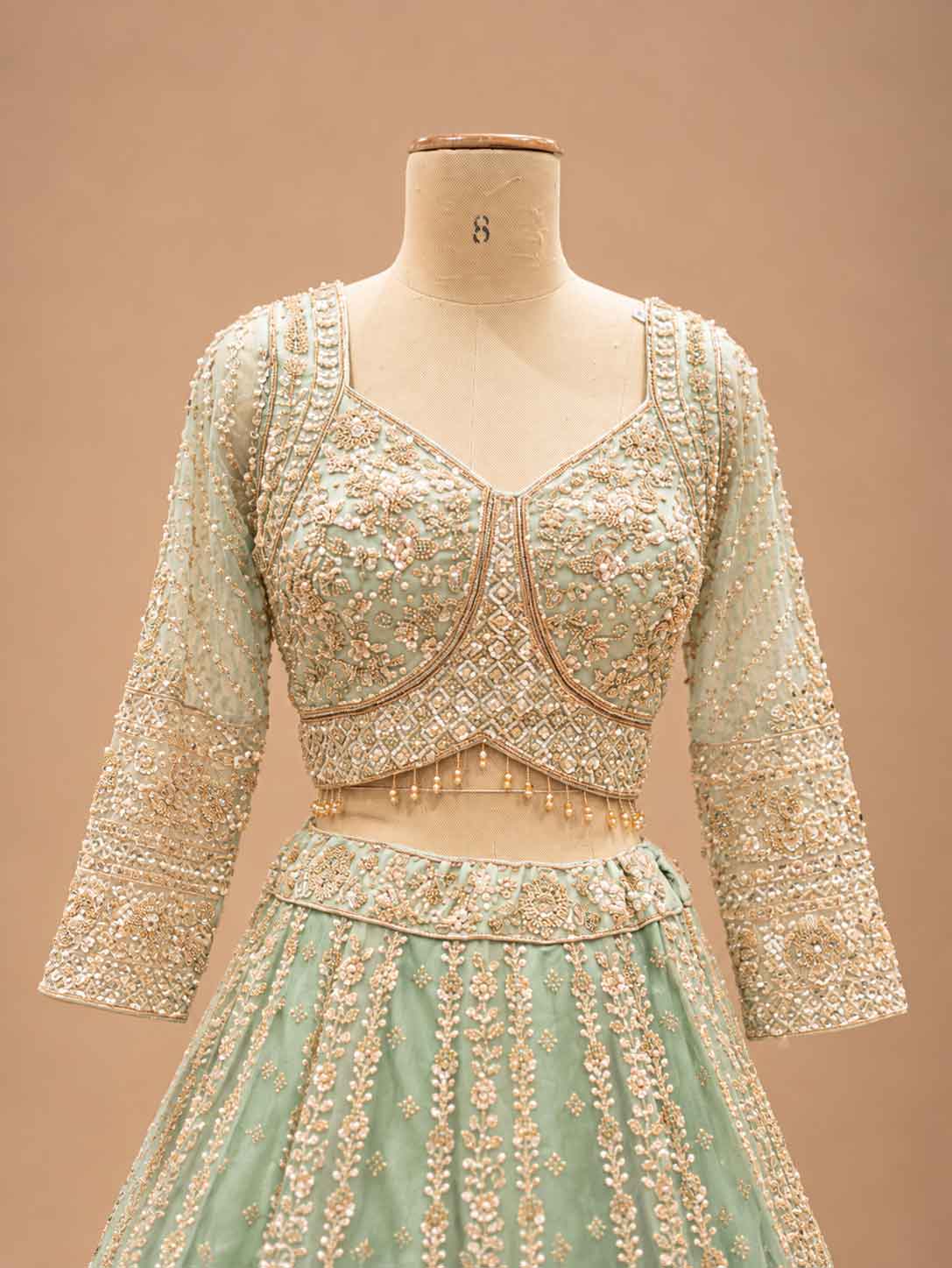 Mint Green Embroidered Lehenga Set with Dupatta – embroidered outfit detail 3
