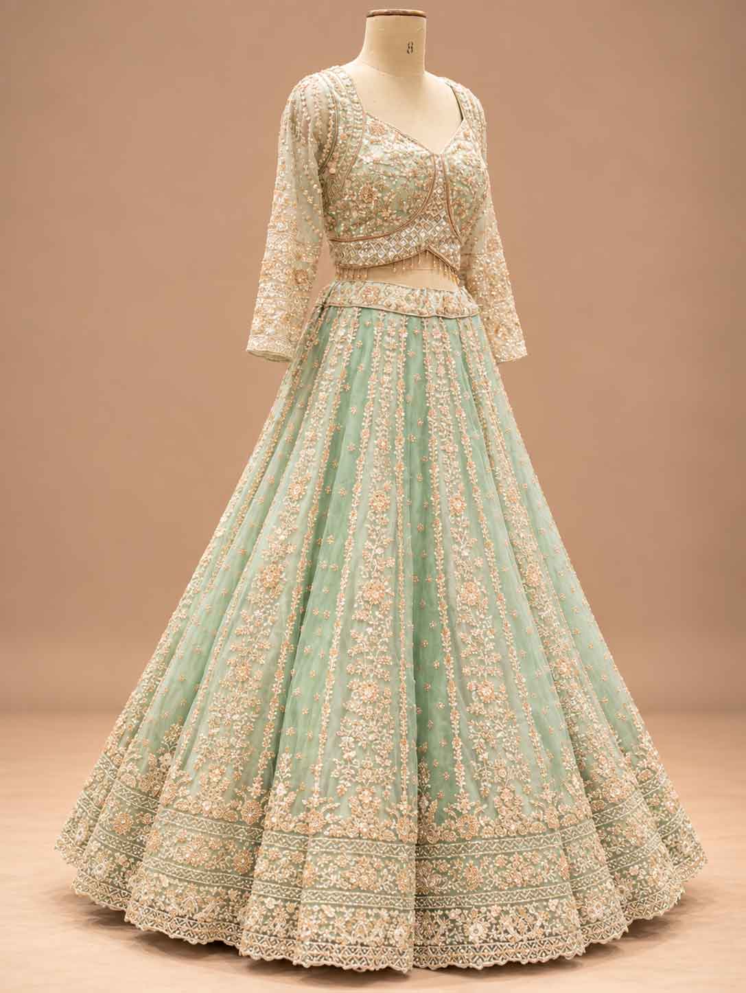 Mint Green Embroidered Lehenga Set with Dupatta – embroidered outfit detail 4
