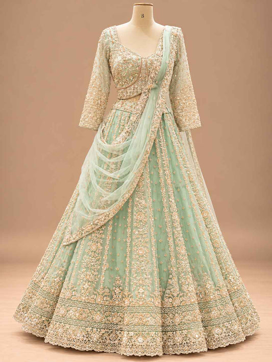 Mint Green Embroidered Lehenga Set with Dupatta – embroidered outfit detail 1
