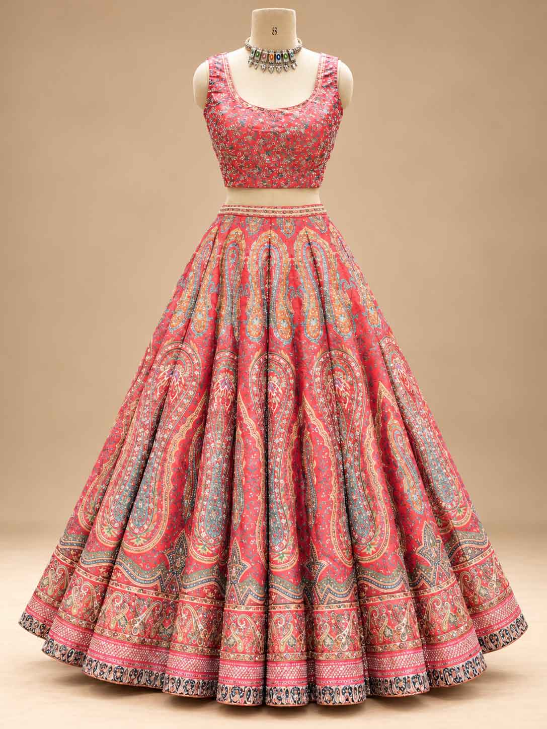 Coral Red & Pink Printed Lehenga Set with Embellished Dupatta for Women – product view 2