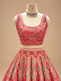 Coral Red & Pink Printed Lehenga Set with Embellished Dupatta for Women – product view 3