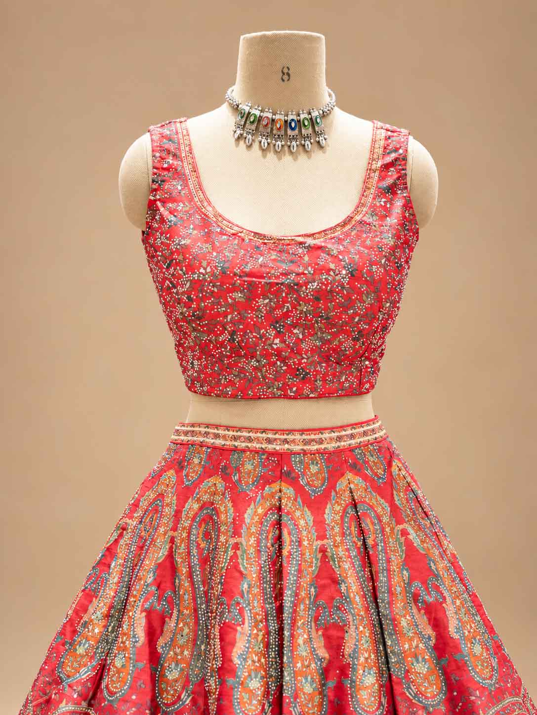 Coral Red & Pink Printed Lehenga Set with Embellished Dupatta for Women – product view 3