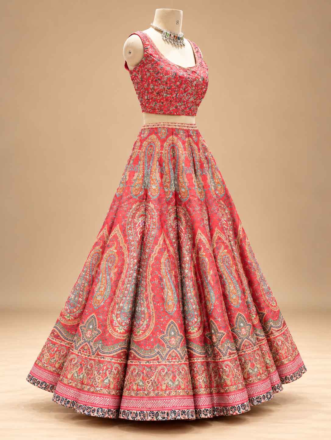 Coral Red & Pink Printed Lehenga Set with Embellished Dupatta for Women – product view 4