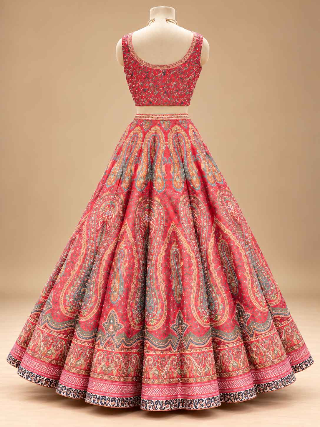 Coral Red & Pink Printed Lehenga Set with Embellished Dupatta for Women – product view 5