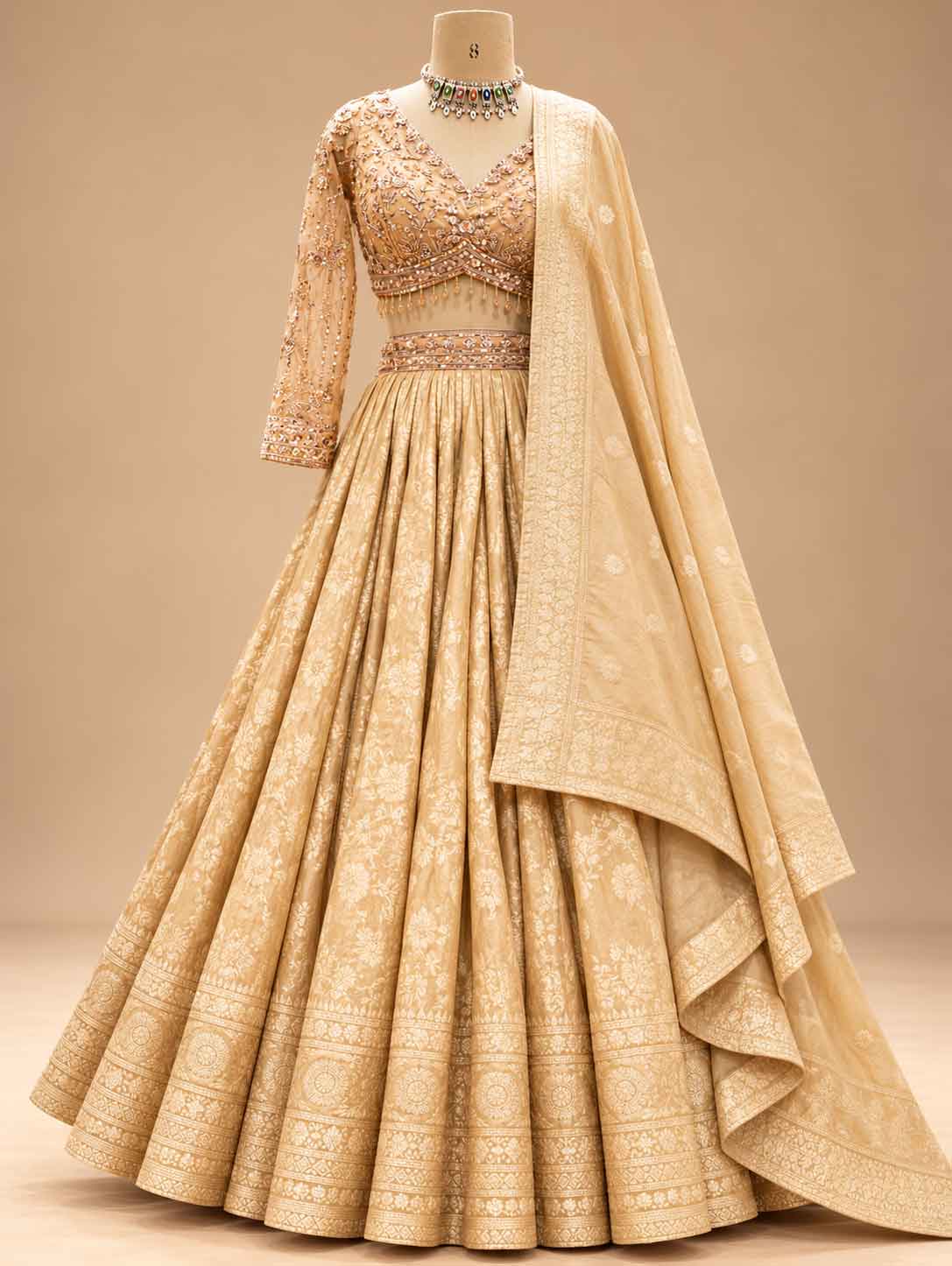 Champagne Gold Embroidered Bridal Lehenga Set with Matching Dupatta for Women – product view 2