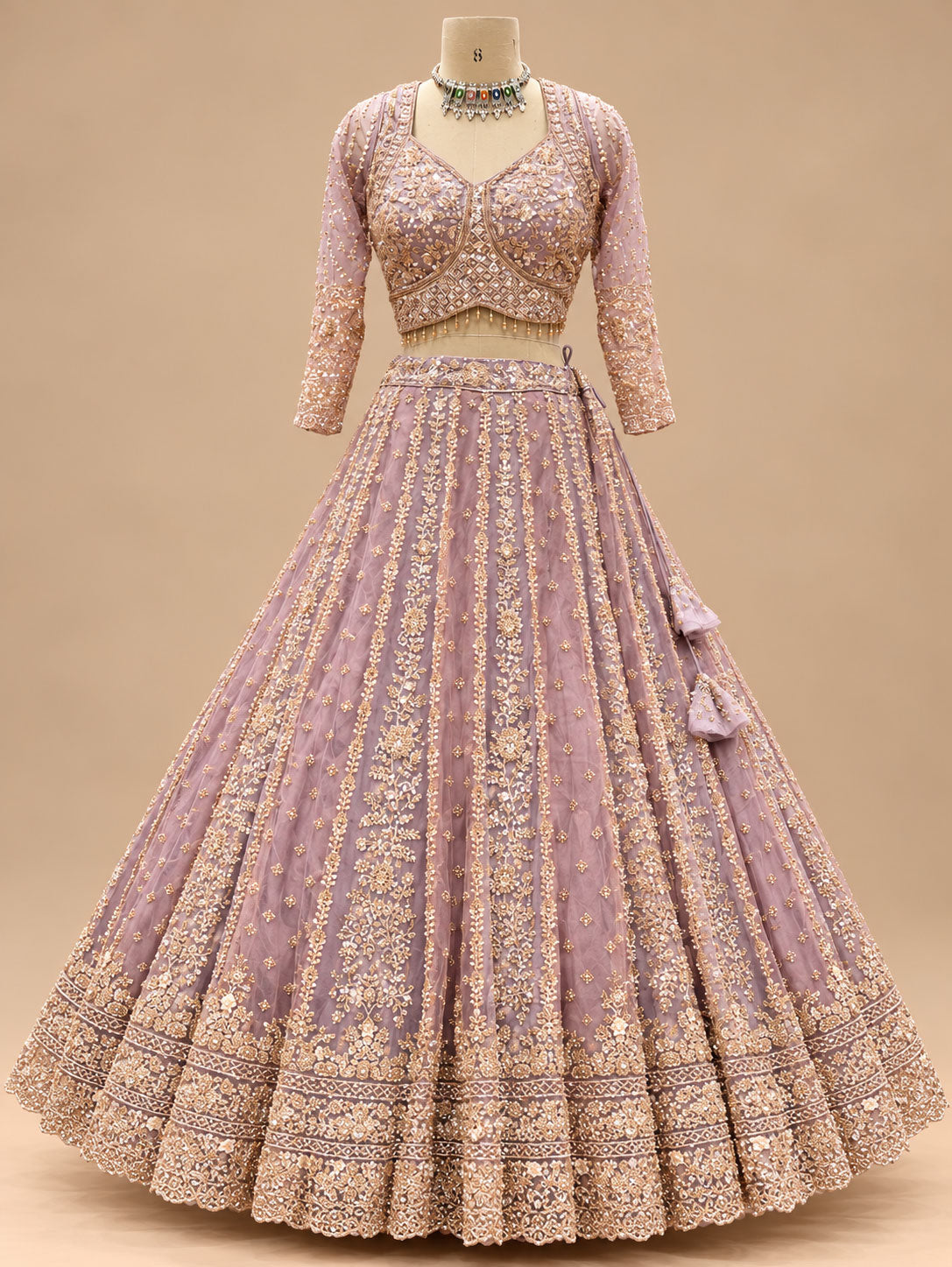Lavender Designer Embroidered Lehenga Choli with Golden Work & Net Dupatta for Women – product view 3