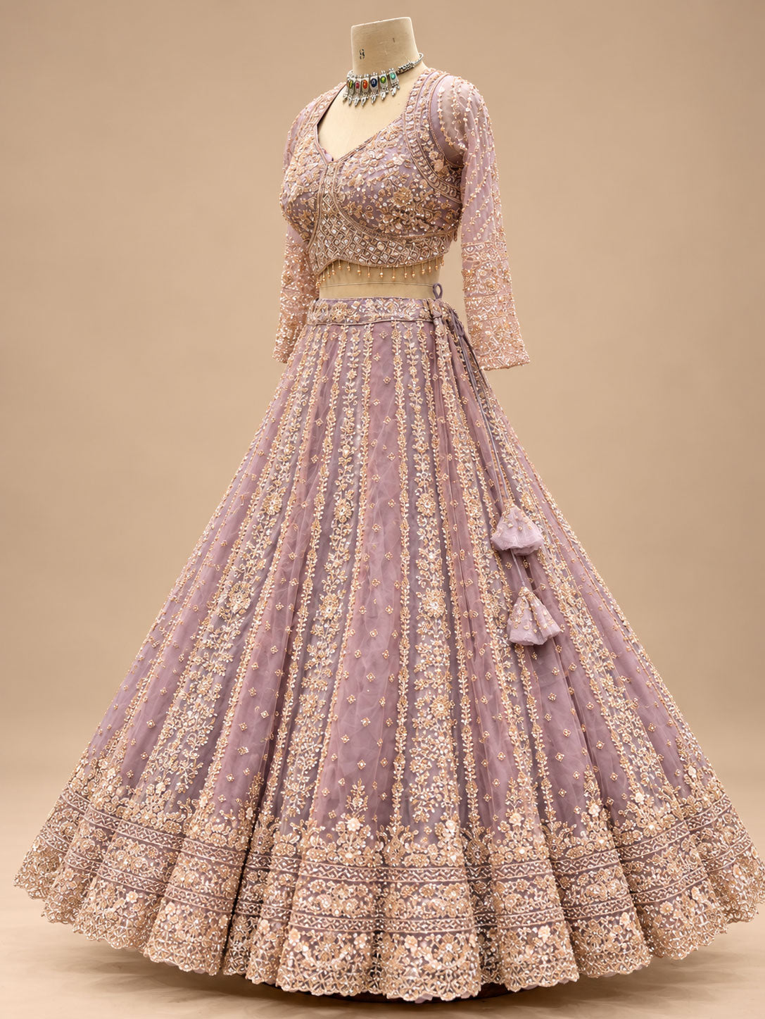 Lavender Designer Embroidered Lehenga Choli with Golden Work & Net Dupatta for Women – product view 4