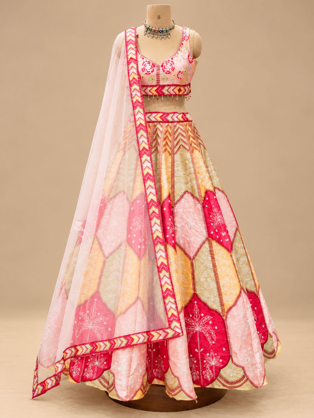 Pink & Golden Yellow Floral Designer Lehenga Set with Sheer Dupatta for Women – product view 3