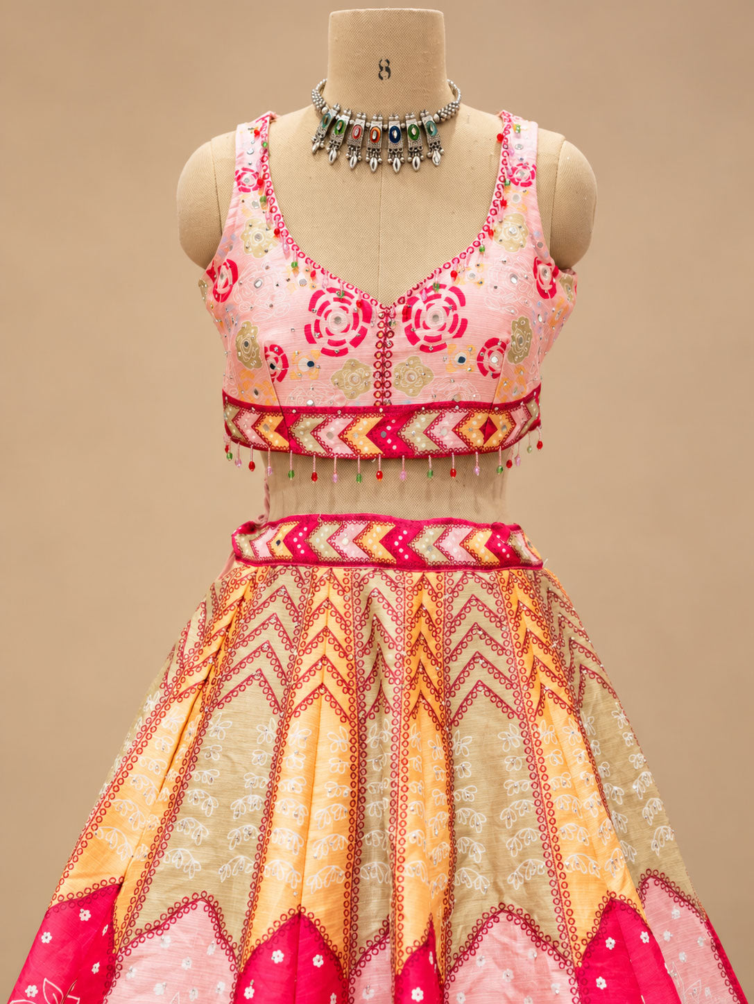 Pink & Golden Yellow Floral Designer Lehenga Set with Sheer Dupatta for Women – product view 4