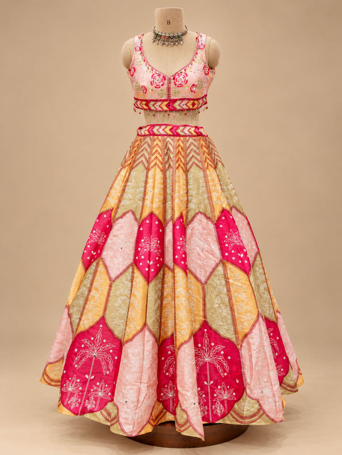 Pink & Golden Yellow Floral Designer Lehenga Set with Sheer Dupatta for Women – product view 5