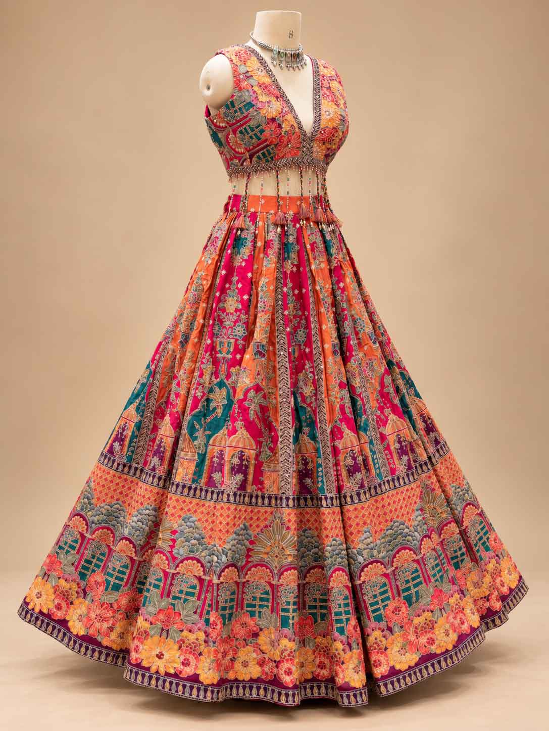 Multicolour Floral Printed Lehenga Set with Pink Orange Ombré Dupatta for Women – product view 2
