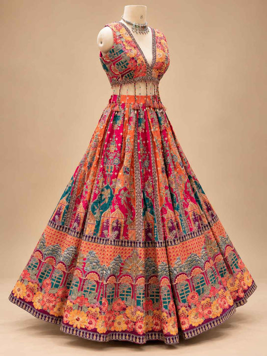 Multicolour Floral Printed Lehenga Set with Pink Orange Ombré Dupatta for Women – product view 2