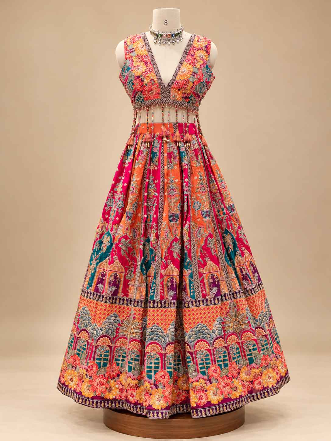 Multicolour Floral Printed Lehenga Set with Pink Orange Ombré Dupatta for Women – product view 3