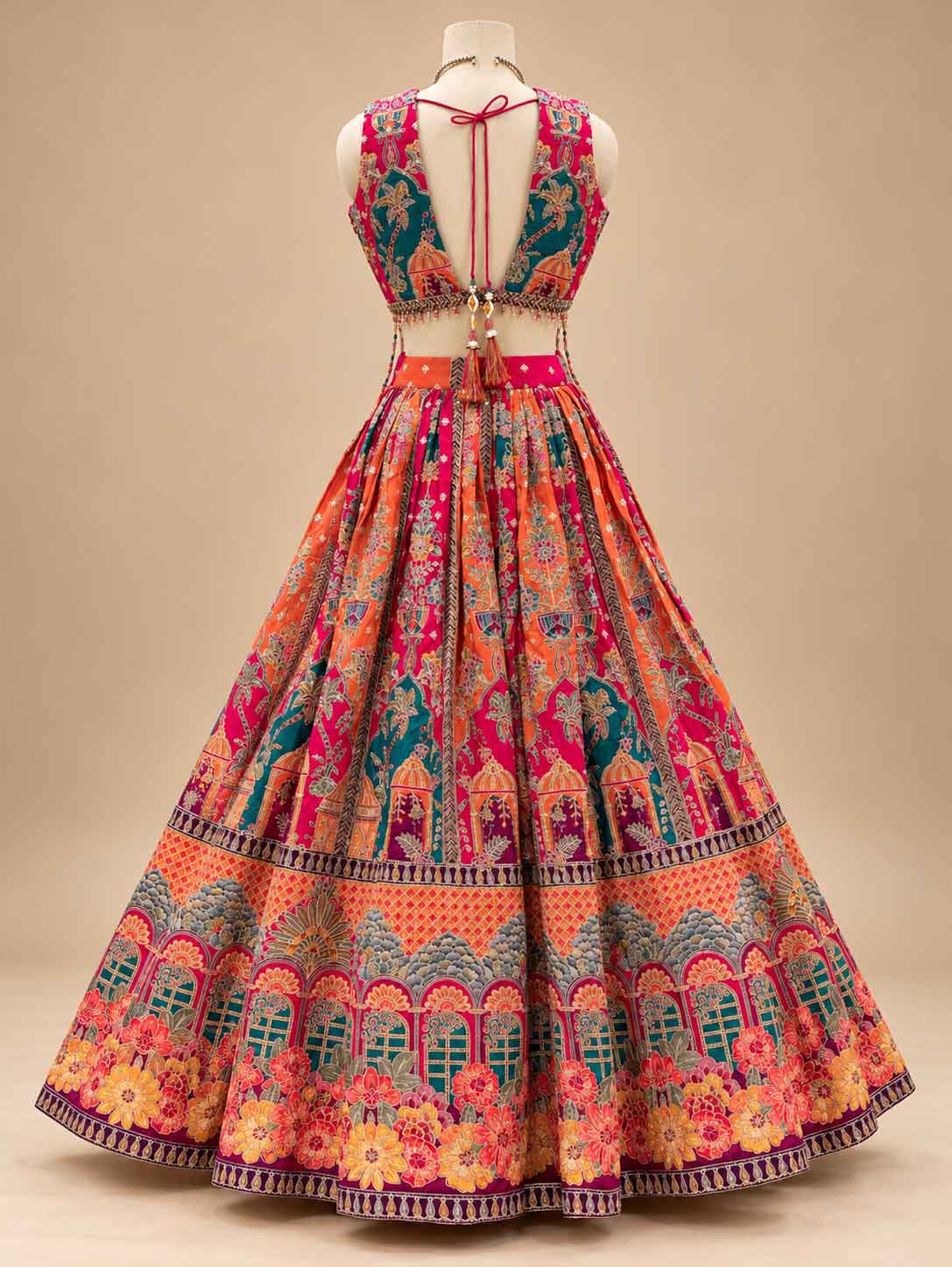 Multicolour Floral Printed Lehenga Set with Pink Orange Ombré Dupatta for Women – product view 4