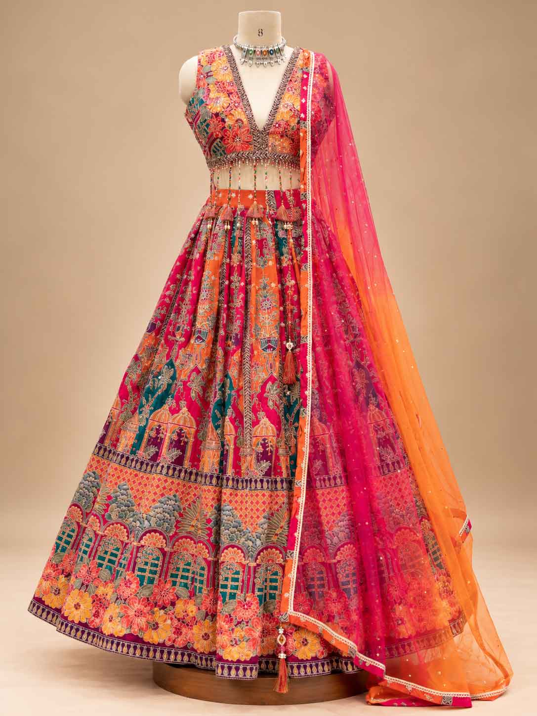 Multicolour Floral Printed Lehenga Set with Pink Orange Ombré Dupatta for Women – product view 6