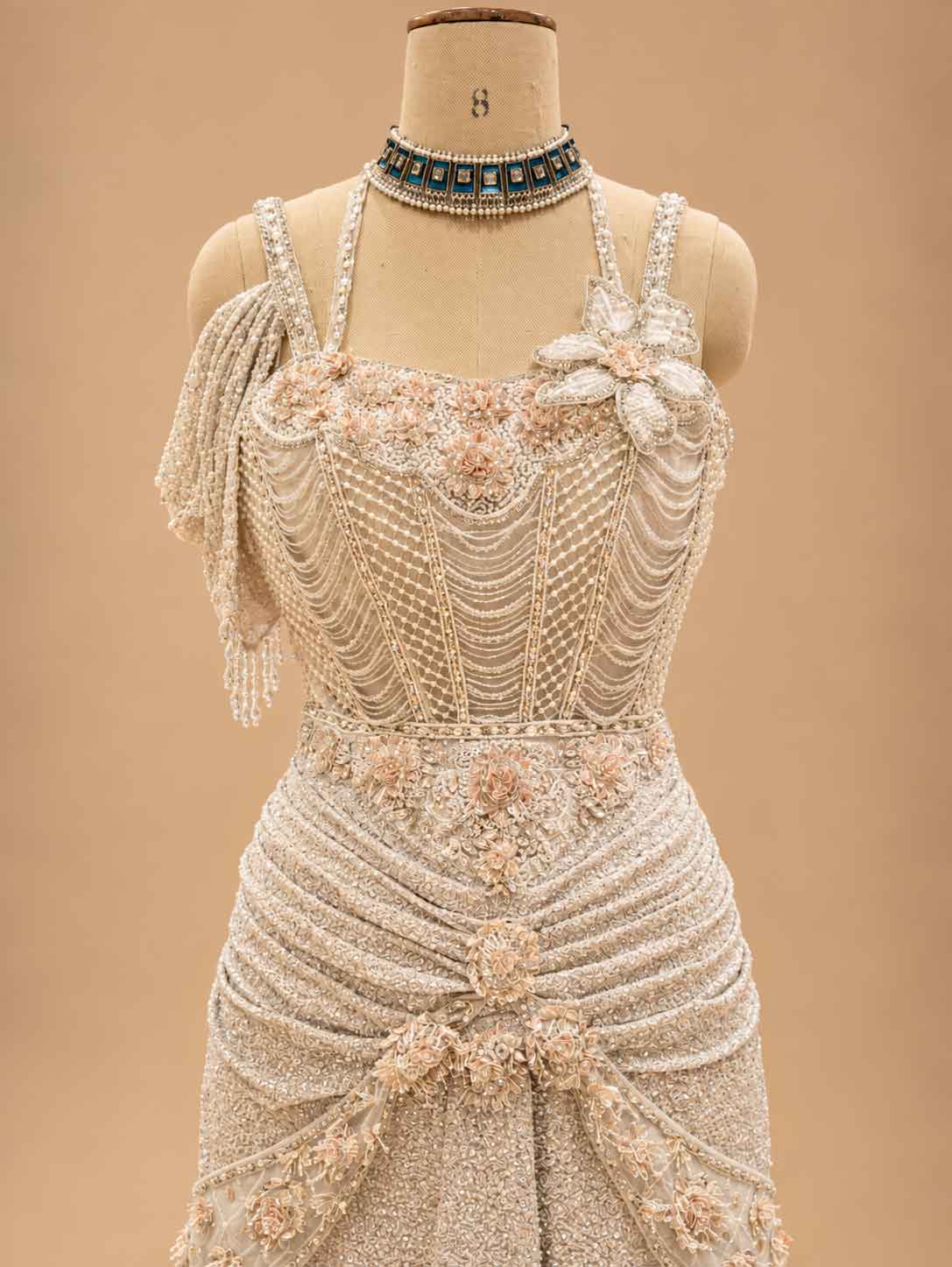 Ivory Embellished Floor-Length Gown with Beadwork & Floral Detailing | Women's Occasion Wear