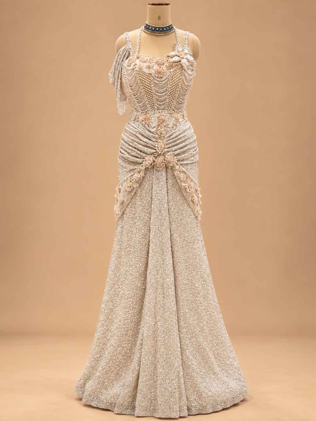 Ivory Embellished Floor-Length Gown with Beadwork & Floral Detailing | Women's Occasion Wear