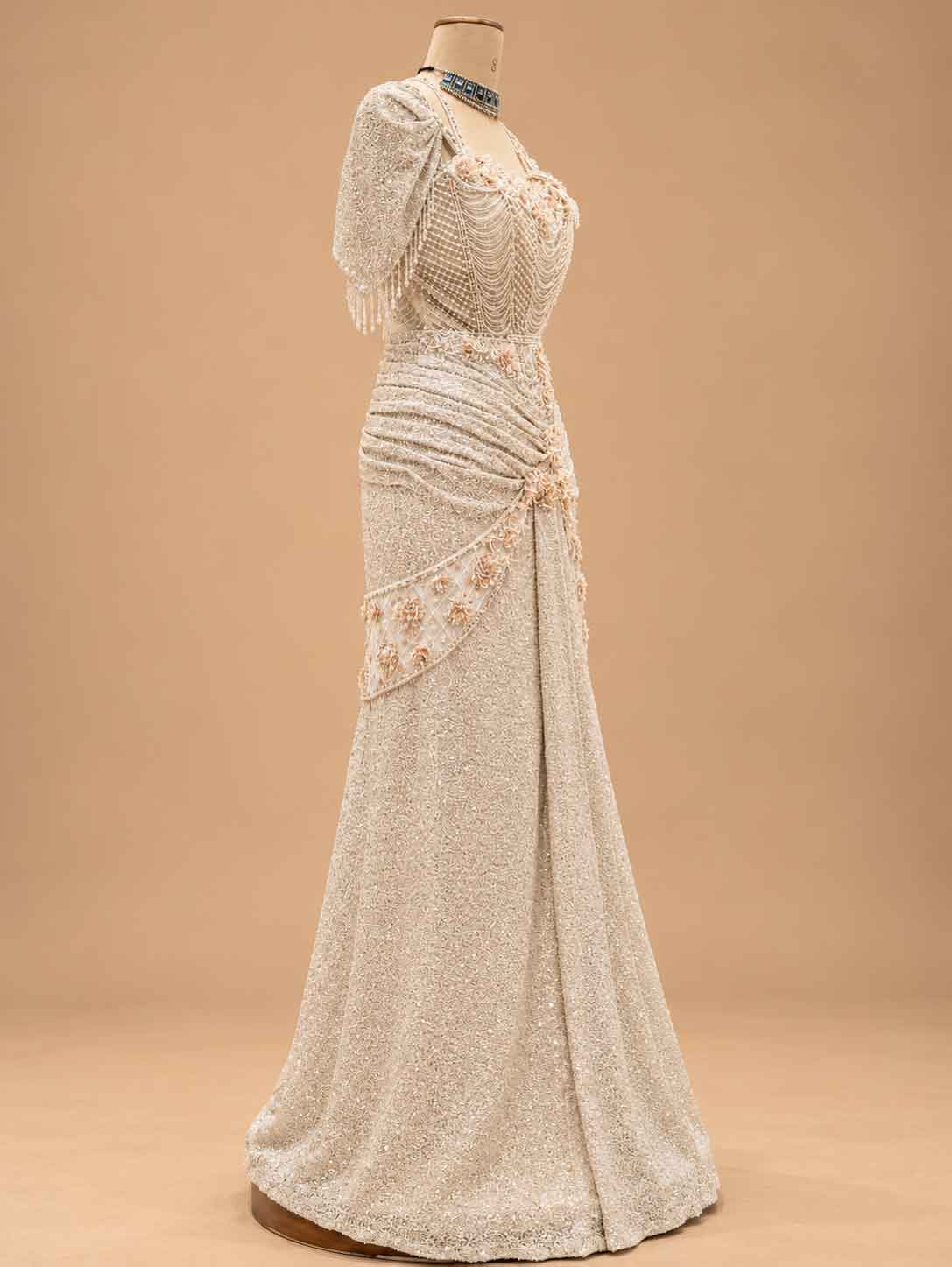 Ivory Embellished Floor-Length Gown with Beadwork & Floral Detailing | Women's Occasion Wear