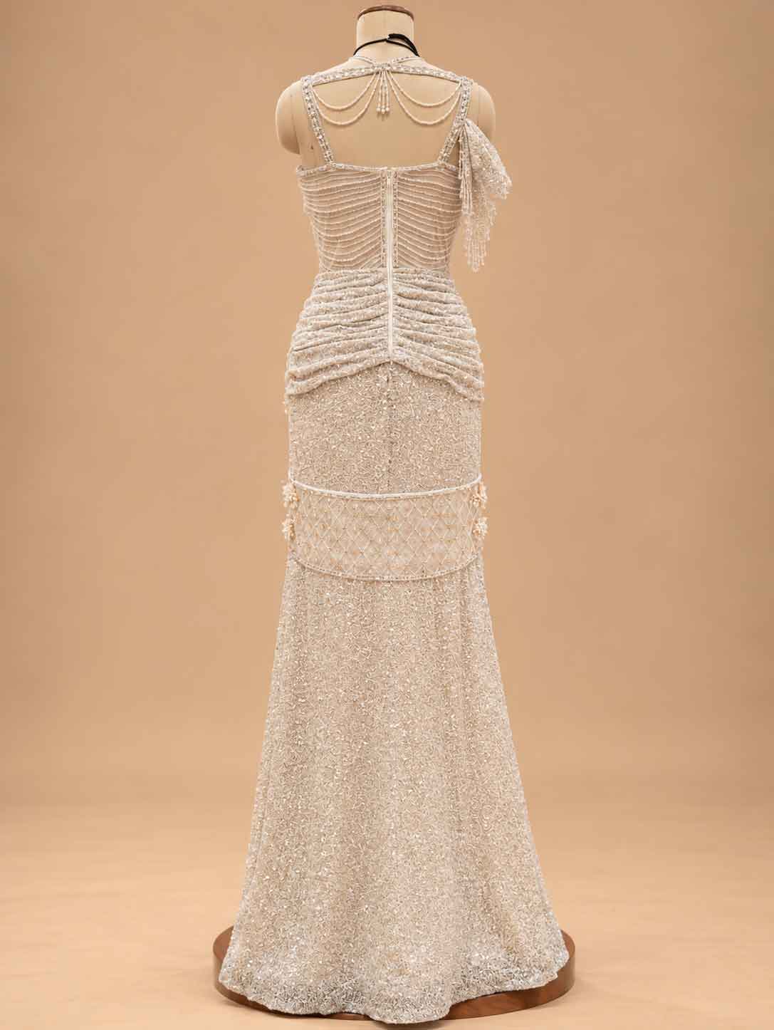 Ivory Embellished Floor-Length Gown with Beadwork & Floral Detailing | Women's Occasion Wear